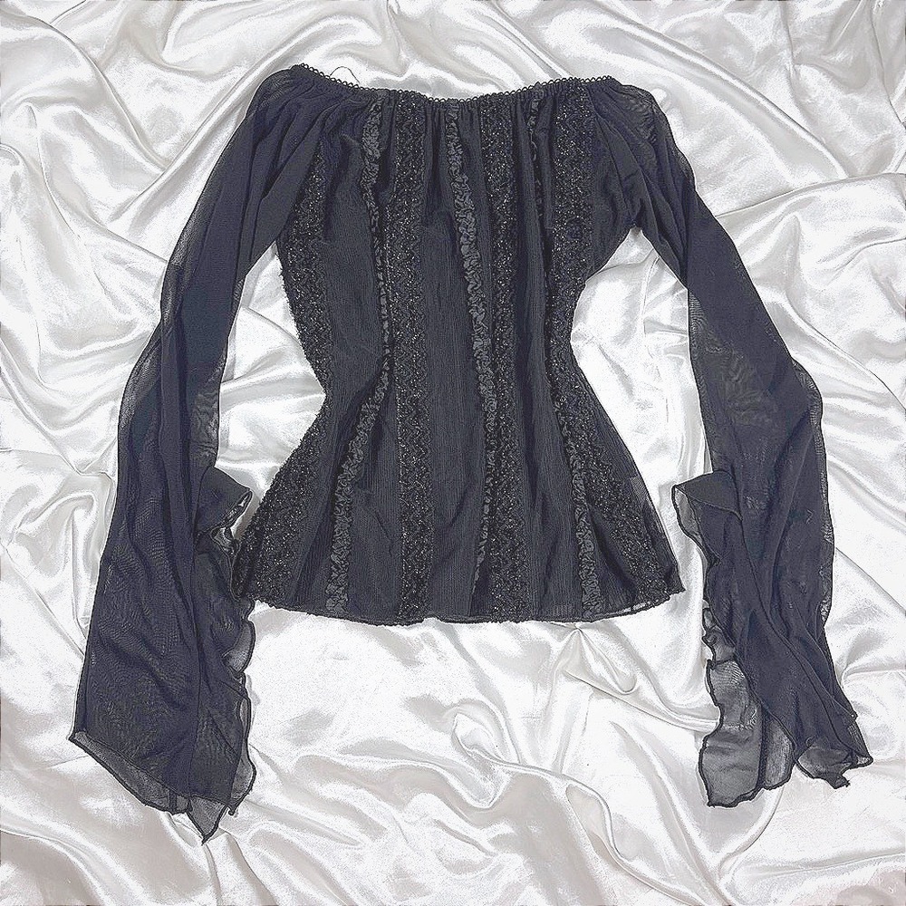 y2k Top Black Excellent GASP Sheer Mesh Ruffle Bell Sleeve Glitter Lace Trim S